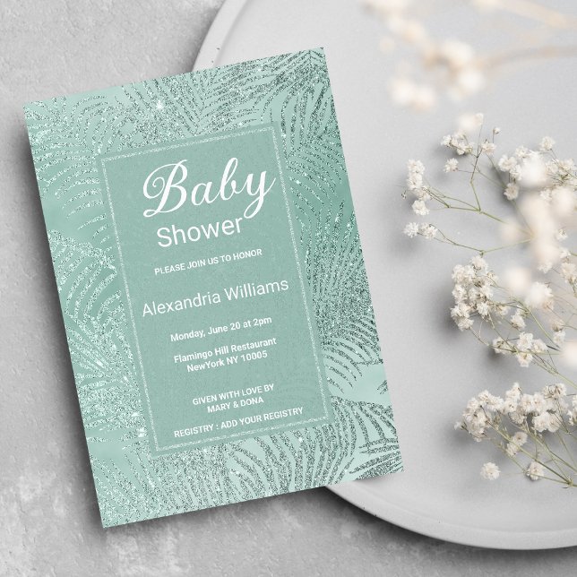 Elegante Minzgrün-Glitzer-Palme Kinderdusche Einladung (Elegant mint green glitter palm tree Baby Shower)