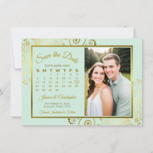 Elegante Minzgrün- und Gold-Kalender-Foto-Hochzeit Save The Date