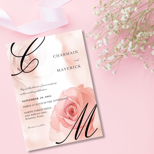 Elegante Mist Blush Pink Monogram Wedding Einladung (Von Creator hochgeladen)