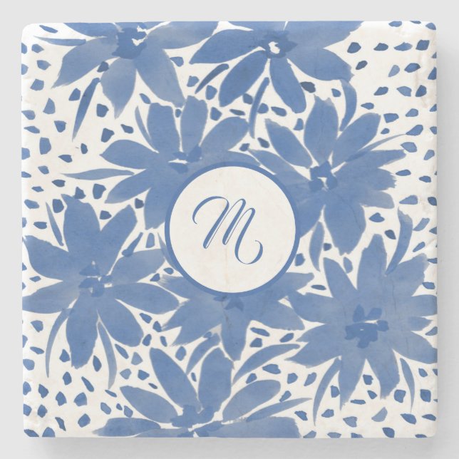 Elegante Mit Monogramm Blaue Flora Steinuntersetzer (Vorderseite)