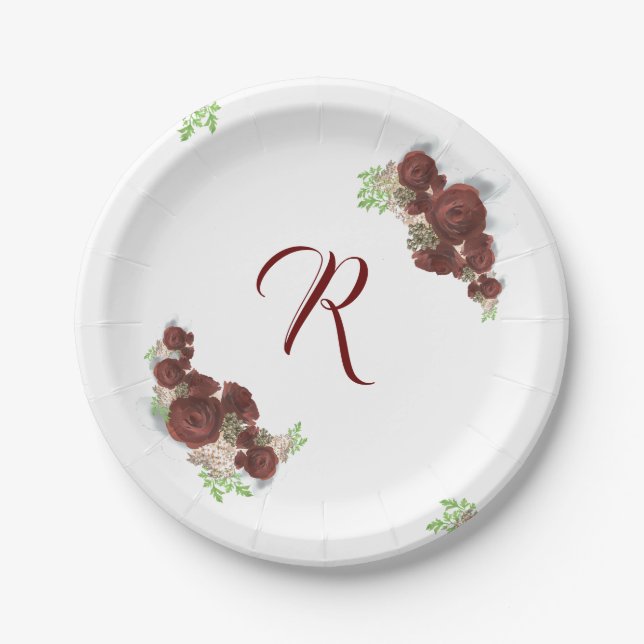 Elegante Mit Monogramm Burgundy Rose Papierplatte Pappteller (Vorderseite)
