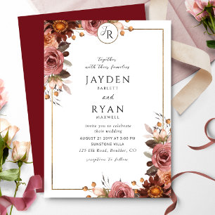 Elegante Mit Monogramm Burgundy- und Blush-Hochzei Einladung