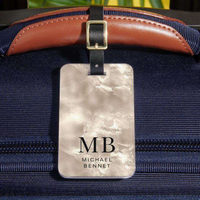 Elegante Mit Monogramm Elfenbeinküste Pearl Textur Gepäckanhänger (Vorderseite Insitu 2)