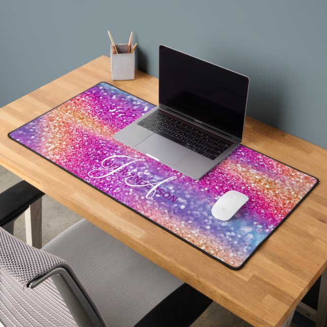 Elegante Mit Monogramm erste farbenfrohe Glit Desk Schreibtischunterlage (Büro 2)