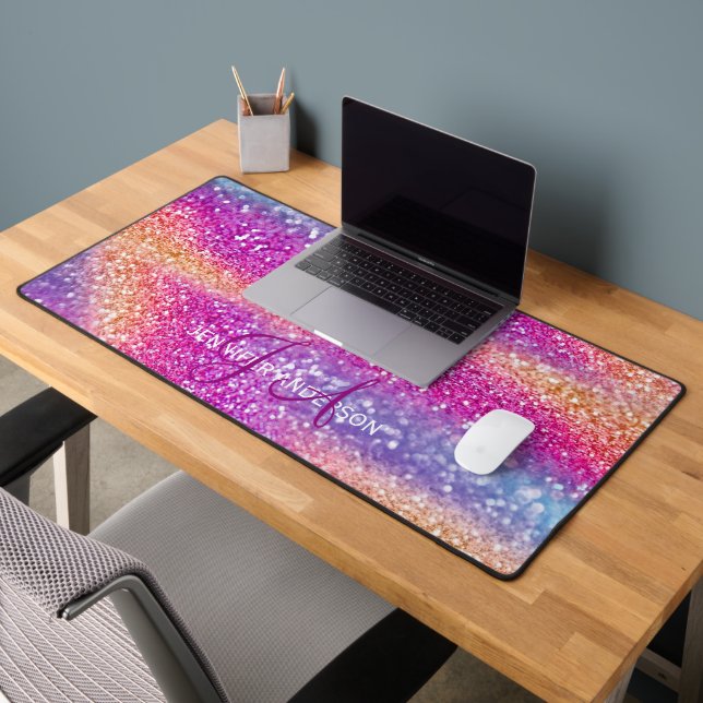 Elegante Mit Monogramm erste farbenfrohe Glit Desk Schreibtischunterlage (Büro 2)