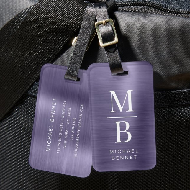 Elegante Mit Monogramm Lila gebürstete Metallic Gepäckanhänger (Elegant Monogrammed Purple Brushed Metallic Luggage Tag)