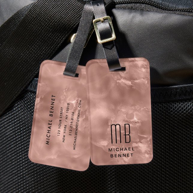 Elegante Mit Monogramm Rose Gold Gepäckanhänger (Elegant Monogrammed Rose Gold Luggage Tag)