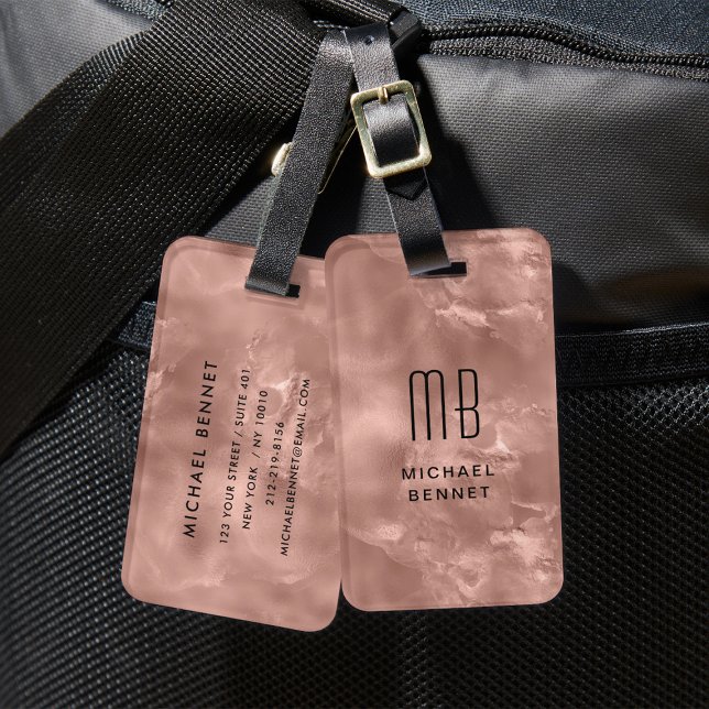Elegante Mit Monogramm Rose Gold Liquid Ink Textur Gepäckanhänger (Elegant Monogrammed Rose Gold Liquid Ink Texture Luggage Tag)
