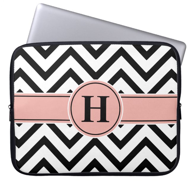 Elegante Mit Monogramm Rose Rosa und Schwarz Zickz Laptopschutzhülle (Vorderseite)