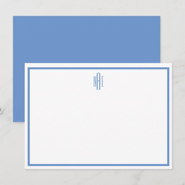 Elegante Mit Monogramm und blaue Flachnotizkarte Einladung (Vorne/Hinten)