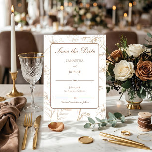 Elegante Mocha Blumen Linien Kunst Hochzeit Save The Date