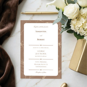 Elegante Mocha-Floral-Linienkunst-Hochzeit Einladung