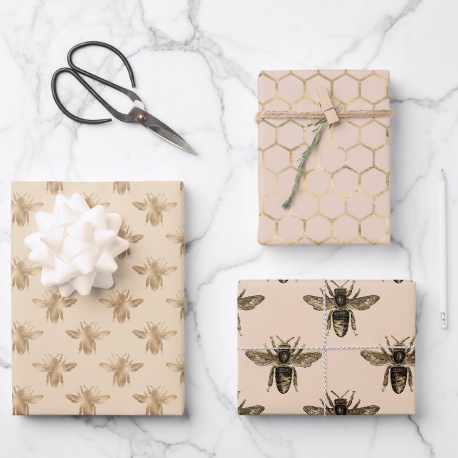 Elegante Mocha mit schwarzen und goldenen Bienen Geschenkpapier Set (Vorderseite)