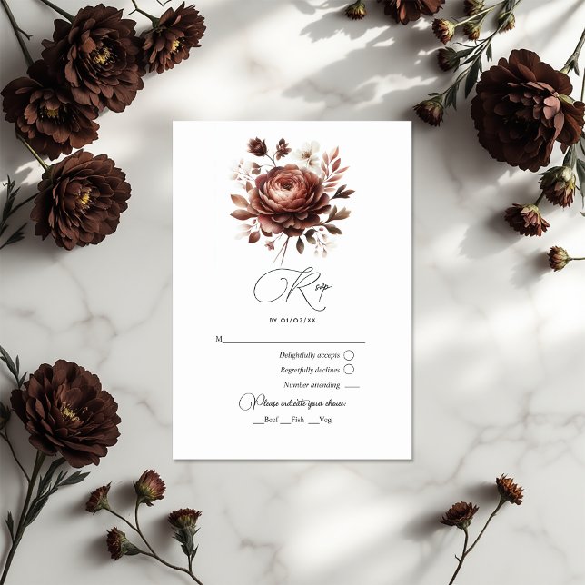 Elegante Mocha Mousse Blumenhochzeit RSVP Karte (Elegant Mocha Mousse Floral Wedding RSVP Card)