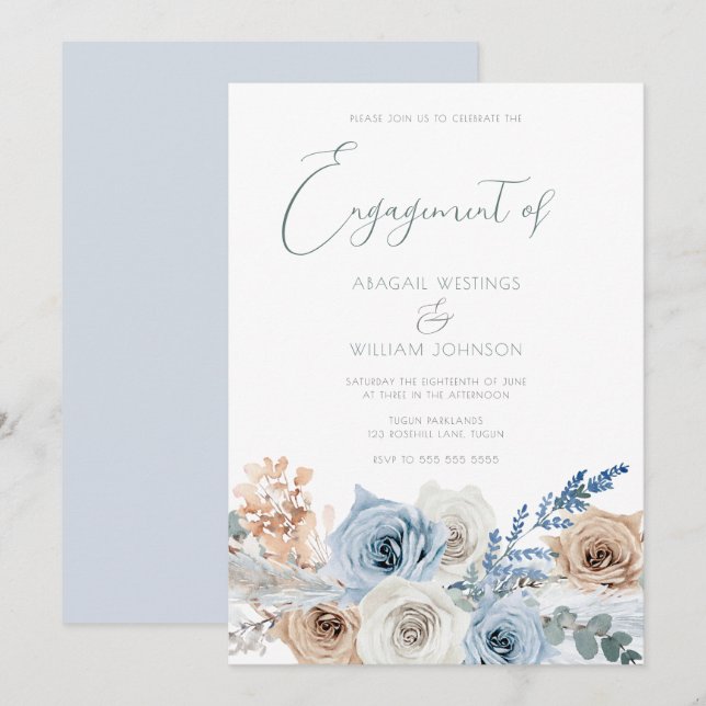Elegante Modern Boho Blue Engagement Party Einladung (Vorne/Hinten)