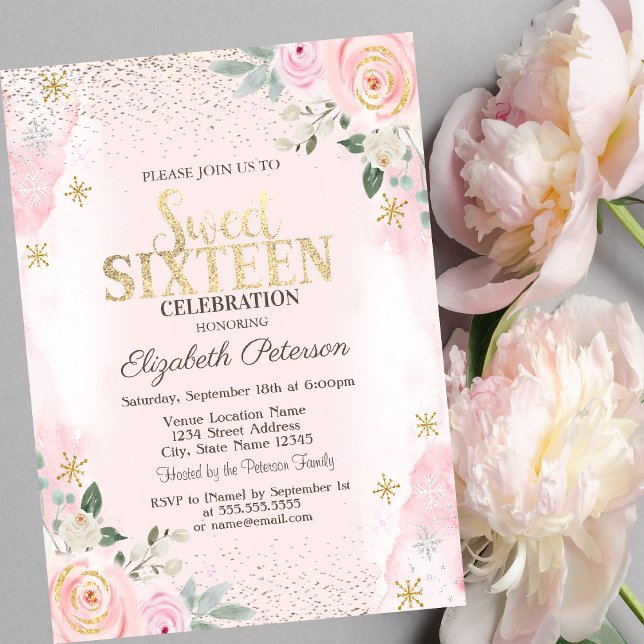 Elegante Modern Gold Diamonds Snowflakes Sweet 16 Einladung (Von Creator hochgeladen)