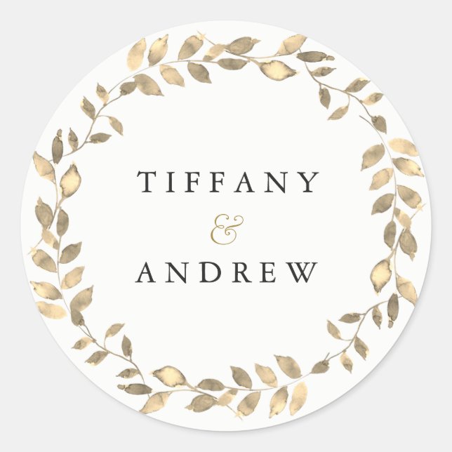 Elegante Modern Gold Leaf Wreath Engagement Party Runder Aufkleber (Vorderseite)