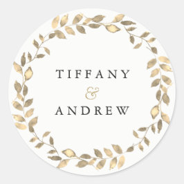 Elegante Modern Gold Leaf Wreath Engagement Party Runder Aufkleber