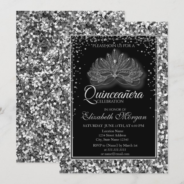 Elegante Modern Masque Silver Sequins Quinceanera Einladung (Vorne/Hinten)