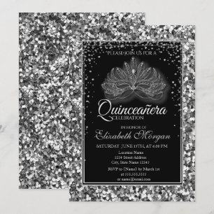 Elegante Modern Masque Silver Sequins Quinceanera Einladung