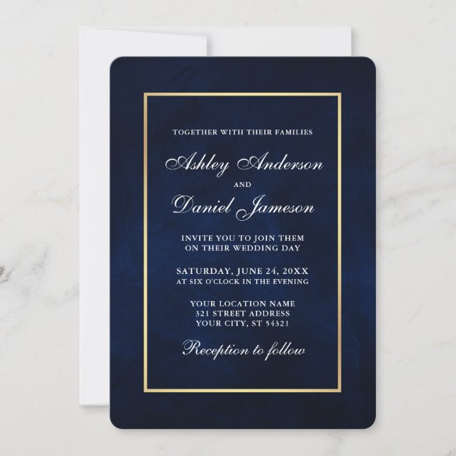 Elegante Modern Watercolor Blue Gold Wedding Rd Einladung (Vorderseite)