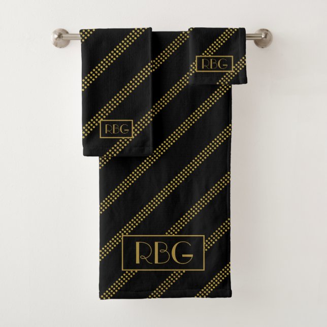 Elegante, moderne Anfänge Black Dotted Gold Lines Badhandtuch Set (Insitu)