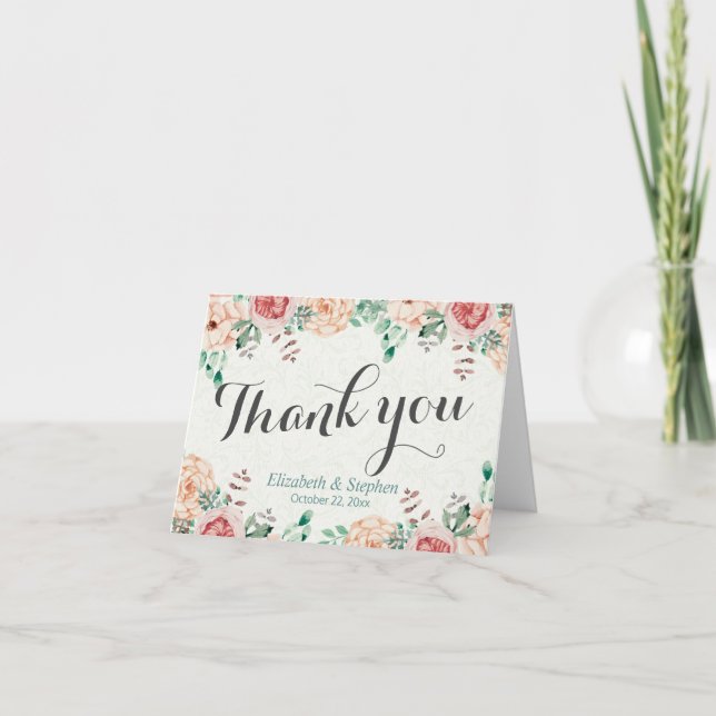 Elegante Moderne Aquarellfarben Blumenhochzeit Vie Dankeskarte (Vorderseite)