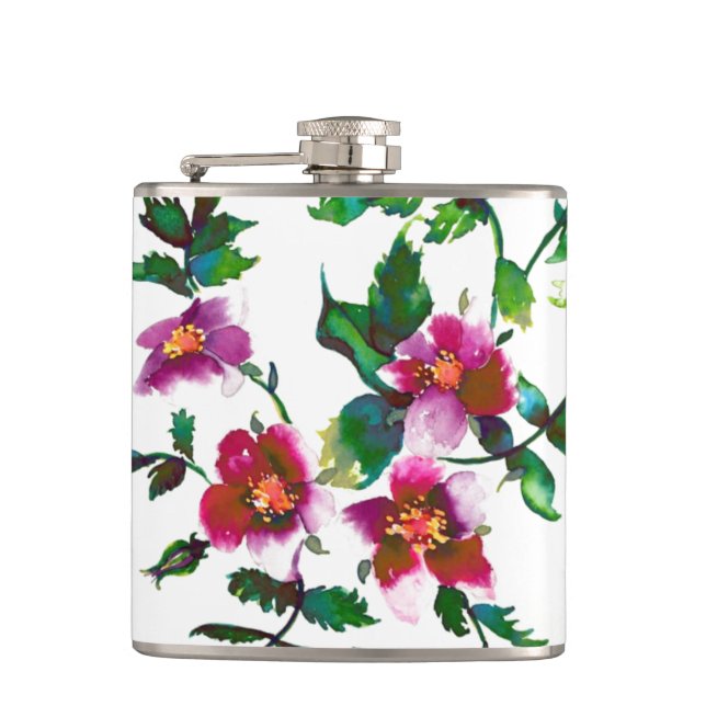 Elegante moderne Aquarellfarben, dunkelrosa Wildbl Flachmann (Vorderseite)