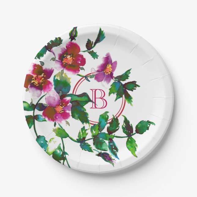 Elegante moderne Aquarellfarben, dunkelrosa Wildbl Pappteller (Vorderseite)