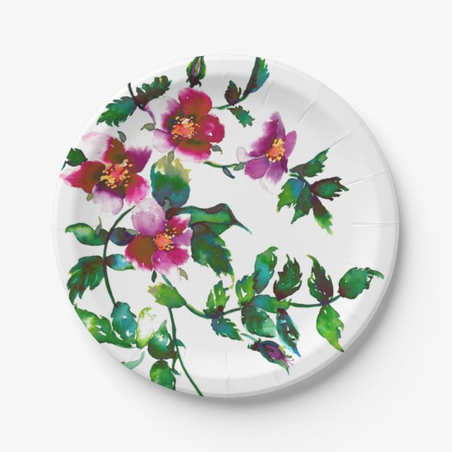 Elegante moderne Aquarellfarben, dunkelrosa Wildbl Pappteller (Vorderseite)