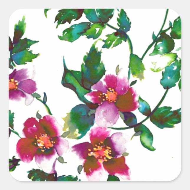 Elegante moderne Aquarellfarben, dunkelrosa Wildbl Quadratischer Aufkleber (Vorderseite)