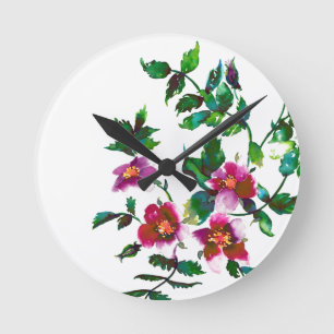 Elegante moderne Aquarellfarben, dunkelrosa Wildbl Runde Wanduhr
