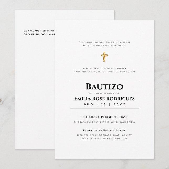 Elegante Moderne BAUTIZO Bautismo Taufe - ADD VERS Einladung (Vorne/Hinten)