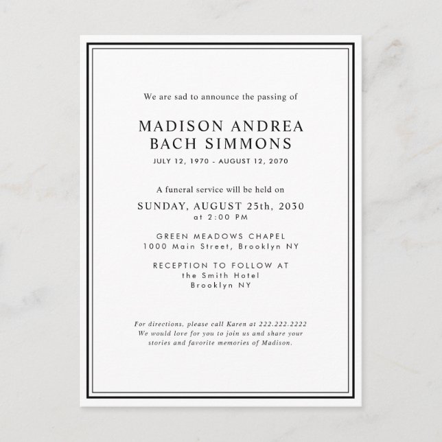 Elegante Moderne Beerdigung Postkarte (Vorderseite)