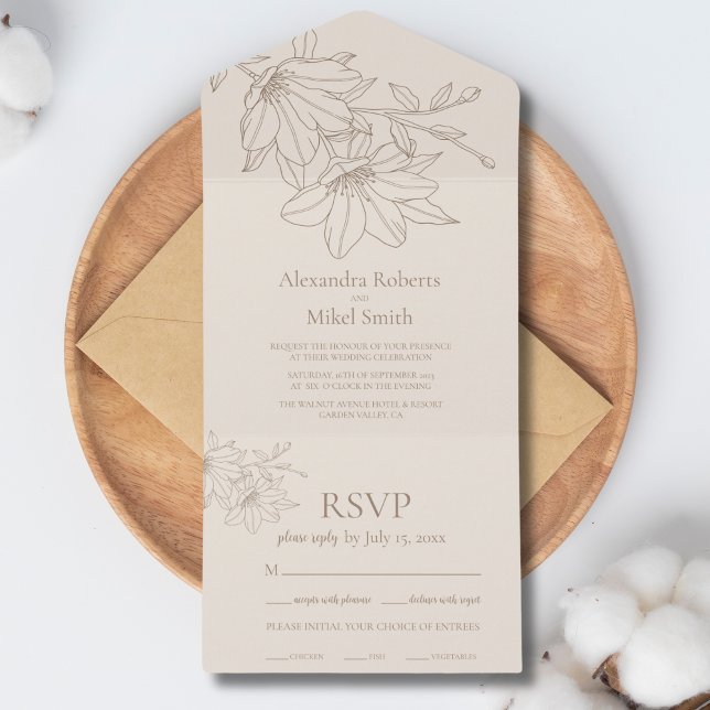 Elegante Moderne Beige Lineart Floral Wedding All In One Einladung (Von Creator hochgeladen)