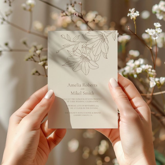 Elegante Moderne Beige Lineart Floral Wedding Einladung (Von Creator hochgeladen)