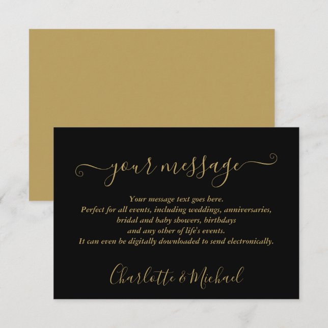 Elegante moderne Black and Gold Event Message Card Ankündigung (Vorne/Hinten)