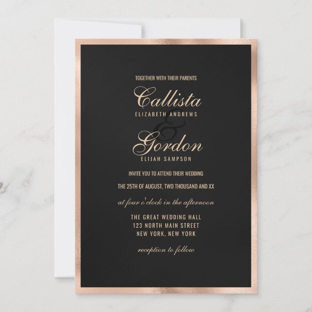 Elegante moderne Black Gold Metallic Border Weddin Einladung (Vorderseite)