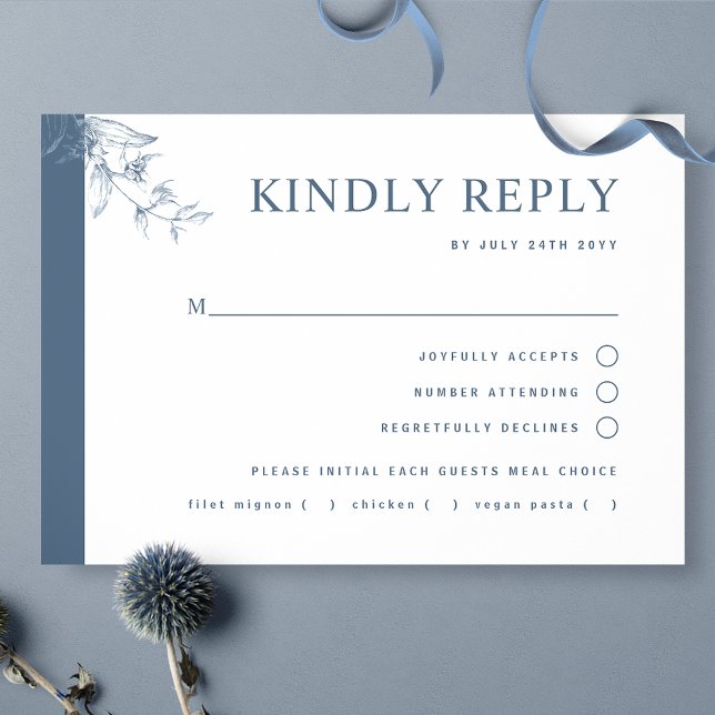 Elegante, moderne blaue Hochzeit mit/ohne Mahlzeit RSVP Karte (Von Creator hochgeladen)