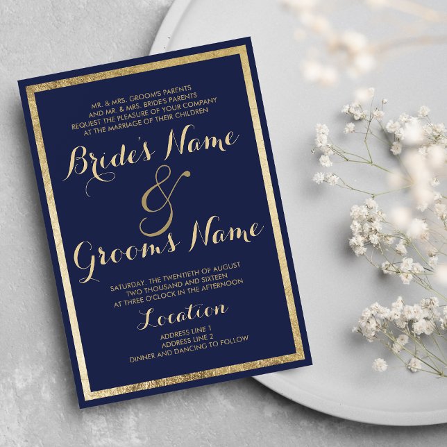 Elegante, moderne, blaue Imitate goldene Hochzeit Einladung (Zazzle Elegant stylish modern blue faux gold Wedding Invitation )