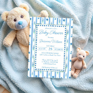 Elegante moderne blaue Streifen Babydusche Einladung