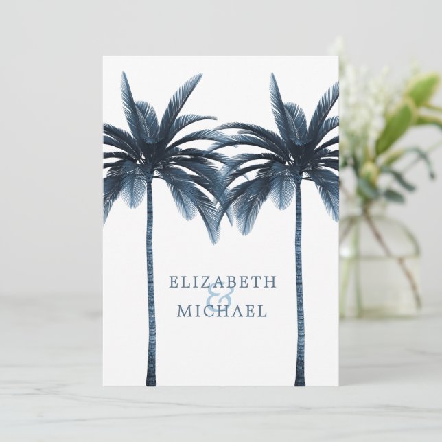 Elegante Moderne Blaupalme feierliche Hochzeit Einladung (Stehend Vorderseite)