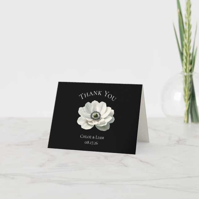Elegante Moderne Blume Schwarz & Weiß Hochzeit Dankeskarte (Vorderseite)