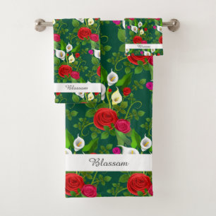 Elegante moderne Blumen und Schrift auf tiefem Grü Badhandtuch Set
