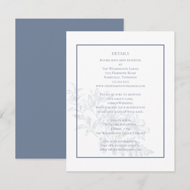 Elegante moderne Blumendusty Blue Wedding Details Begleitkarte (Vorne/Hinten)