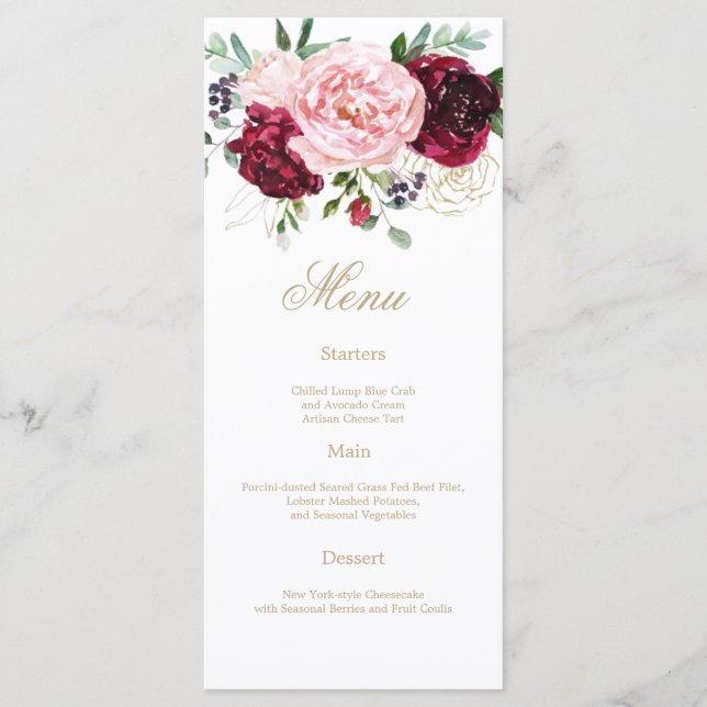 Elegante moderne, blumenfarbene Aquarellbilder Menükarte (Vorderseite)