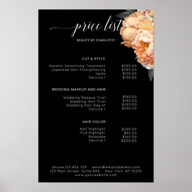 Elegante, moderne, blumengeschmückte Preisliste Poster (Vorne)