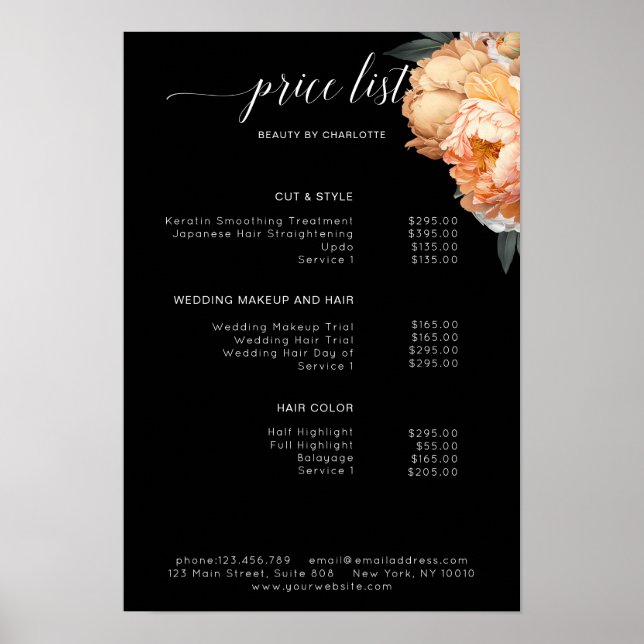 Elegante, moderne, blumengeschmückte Preisliste Poster (Vorne)