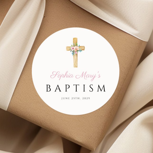 Elegante moderne, blumenreligiöse Kreuztaufe Runder Aufkleber (Elegant Modern Floral Religious Cross Baptism Classic Round Sticker)