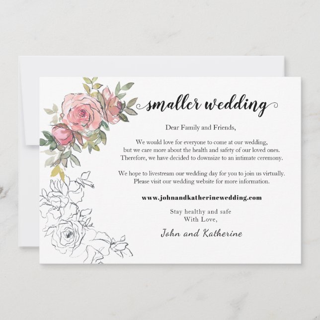 Elegante Moderne Blush Floral Kleine Hochzeit Ankündigung (Vorderseite)
